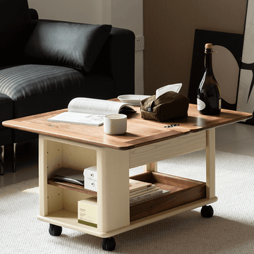 28'' Multifunctional Rectangular Coffee Table with Locking Wheels White Solid Wood